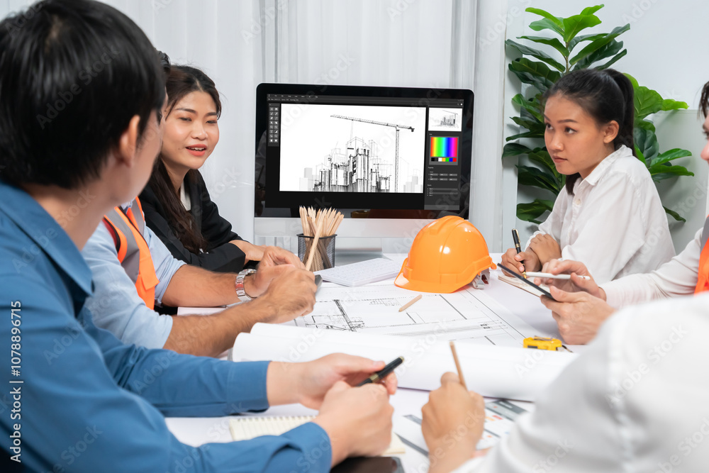 Aufkleber diverse group of civil engineer and client working together on architectural project, reviewing cons