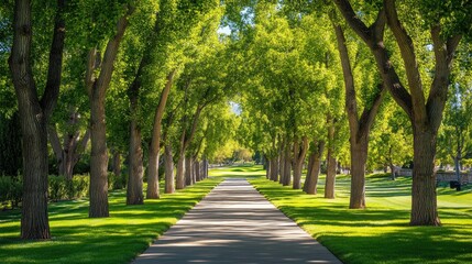 Fototapeta premium Lush Green Tree-Lined Pathway in a Serene Park Setting Surrounded by Vibrant Foliage and Sunshine on a Perfect Day for a Leisurely Stroll or Jogging