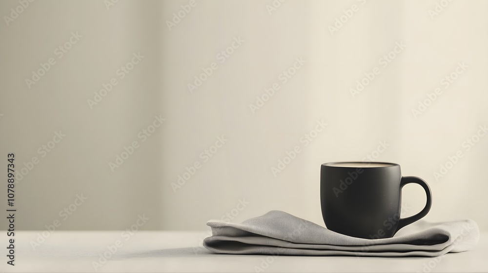 Poster A neutral background with a black ceramic mug and a neatly folded napkin, creating a simple yet refined coffee setting. No text, no logo, wide angle shot, cinematic scene, 4k resolution