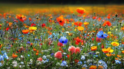 Fototapeta premium A wildflower meadow filled with poppies, cornflowers, and daisies, creating a vibrant tapestry of colors against a natural green backdrop.