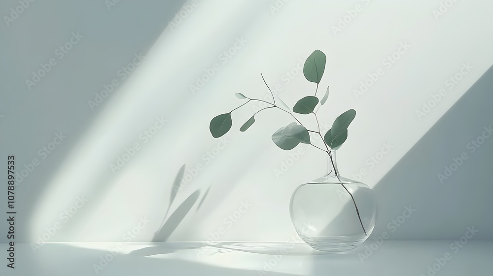 Poster a glass vase with a single eucalyptus branch placed on a white background, capturing a calm, minimal