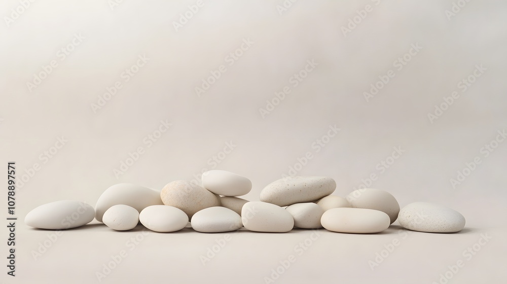Poster a plain beige background with a small pile of white pebbles arranged neatly, focusing on natural tex