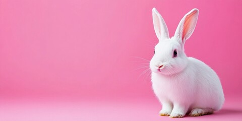 Obraz premium A cute white rabbit sits against a vibrant pink background. The fluffy bunny is a symbol of innocence and playfulness. This image captures the charm of nature. Ideal for design projects. AI