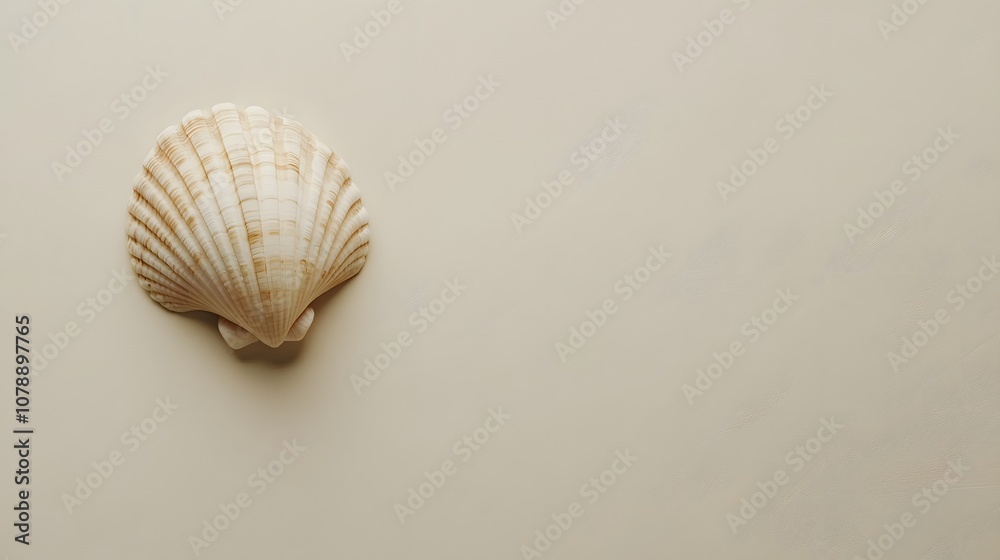 Aufkleber A minimalistic scene with a single shell on a light beige background, showcasing its natural shape and texture in a refined composition. No text, no logo, wide angle shot, cinematic scene, 4k