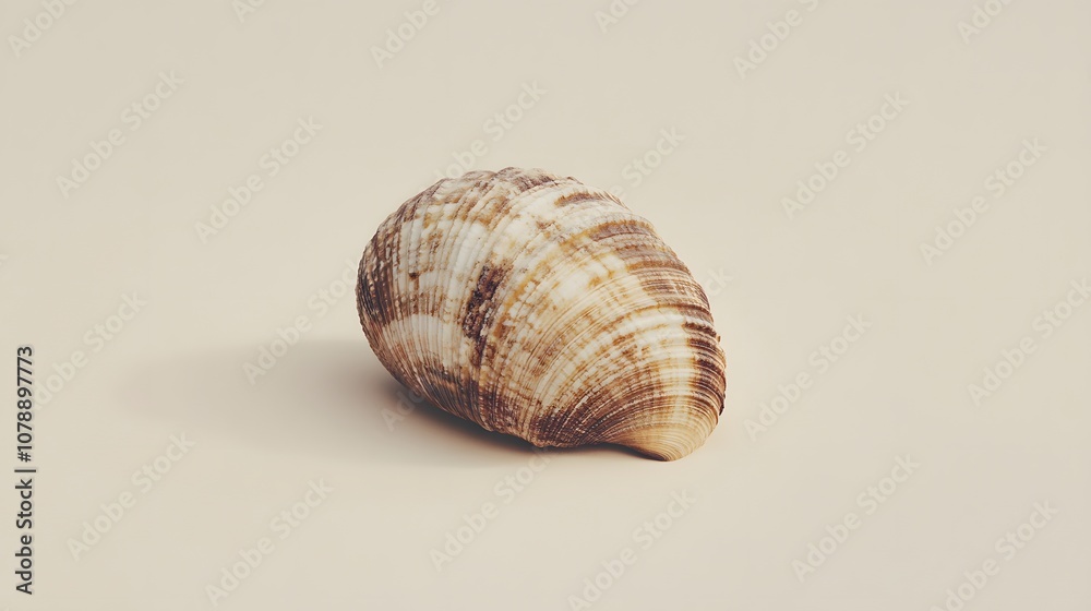 Poster A minimalistic scene with a single shell on a light beige background, showcasing its natural shape and texture in a refined composition. No text, no logo, wide angle shot, cinematic scene, 4k