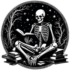 Skeleton Reading A Book Silhouette black vector the white background