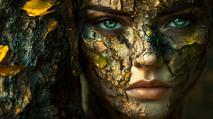 Surreal Portrait of a Woman with Tree Bark Face and Green Eyes Surrounded by Nature, Capturing the Essence of Harmony Between Humans and Environment