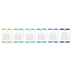 Five square white paper elements with colorful circles placed in horizontal row. Concept of 6 successive steps to business project success.