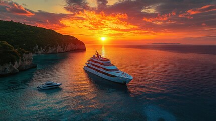 Fototapeta premium A luxury yacht anchored at sunset near a coastal landscape.