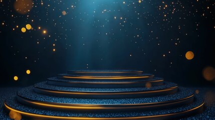 A circular podium with a golden trim and a blue background, lit by a spotlight and surrounded by glittering particles.