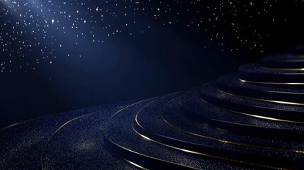 A dark blue stage with a spotlight and gold trim.