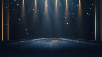 A dark background with spotlight beams and golden sparkles.