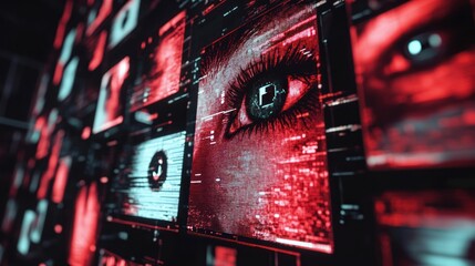 A close-up of a digital screen displaying a human eye with red and blue tones. The eye is surrounded by other digital screens, creating a sense of surveillance and data collection.
