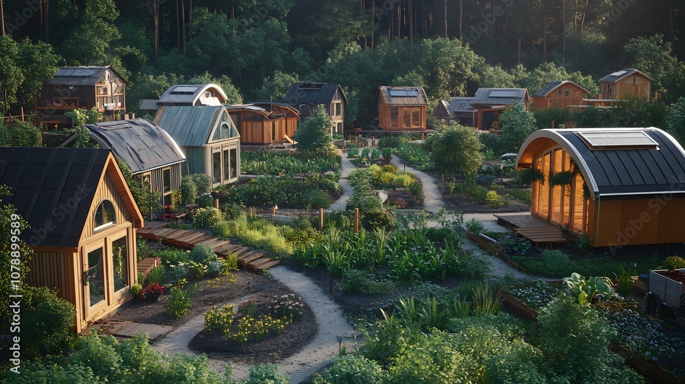 Poster a community of eco-friendly tiny homes surrounded by a permaculture garden, with shared spaces for c