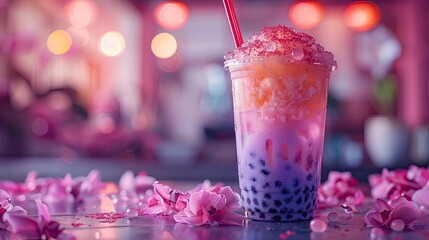A vibrant rainbow-colored bubble tea with tapioca pearls and pink flowers on a table.