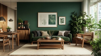 Beautiful Modern Living room Interior with furniture's ,mockup frame , posters, wall -3d Rendering