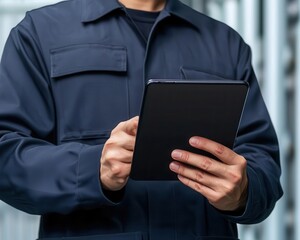 Technician adjusting warehouse automation controls using a sleek tablet interface, logistics control, technologyenhanced warehouse management