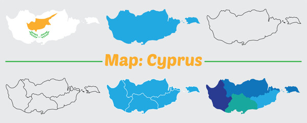 The Cyprus map divided in districts with labels, flag shape country.