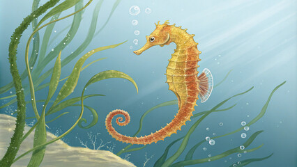 Yellow Seahorse Swimming Through Seaweed