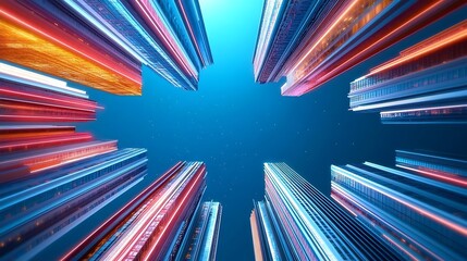 Futuristic Skyscrapers with Neon Lights at Night