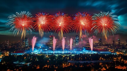 Obraz premium Fireworks over Belgrade at night, illuminating the city in red, blue, and white for Serbia National Day