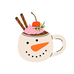Christmas hot drink set. Flat cartoon different beverages. Holiday cute mugs hot cocoa, coffee, milk, cream and mulled wine. New year drinks decorated holly and candy. Isolated vector illustration