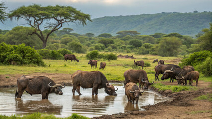 Fototapeta premium African Buffalo Herd Drinking Water in Savanna