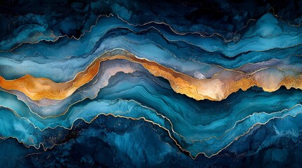 Abstract artwork featuring fluid waves of blue and gold tones.