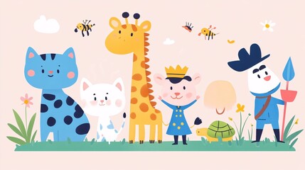 Naklejka premium Cute Cartoon Animals in a Meadow Illustration
