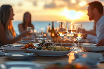 Group of friends enjoying an elegant dinner with wine at sunset, featuring vibrant dishes, warm lighting, and ocean views.