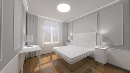 Modern bedroom interior mockup with sunlight. 3d illustration