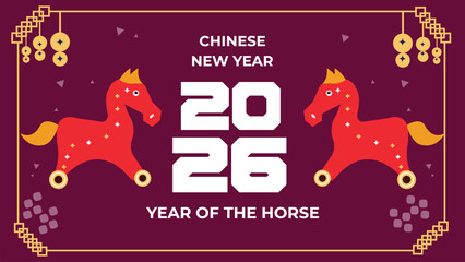 Happy Chinese New Year 2026, Year of the horse Chinese zodiac signs, modern flat geometric style Chinese zodiac horse