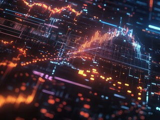 Fototapeta premium Abstract representation of financial data and stock market trends with glowing graphs and futuristic details.