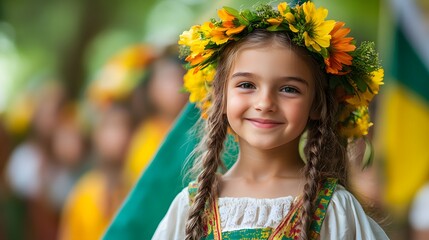 Lithuanian children in traditional clothing, holding flags and smiling, Lithuania Independence Day celebration, lively scene