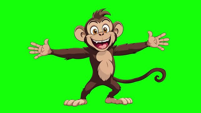 Animated character of a funny monkey who greets the viewer and waves his hand, on a green background chromakey, idea for promotional video, animal mascot