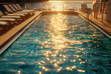 Plakat Swimming Pool on Cruise Ship, recreation and comfort, ocean journey, lounge chairs