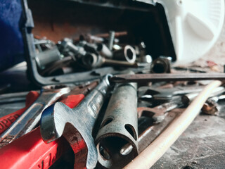 Fototapeta premium Carpentry tools were scattered out of the toolbox.