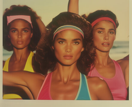 1980s gym women aerobics class yoga retro vintage nostalgic old school cardio having fun headband polaroid
