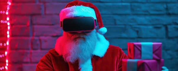 Christmas cyber and technology gadgets. Cyber Santa holding tech gifts like VR headsets and smart devices