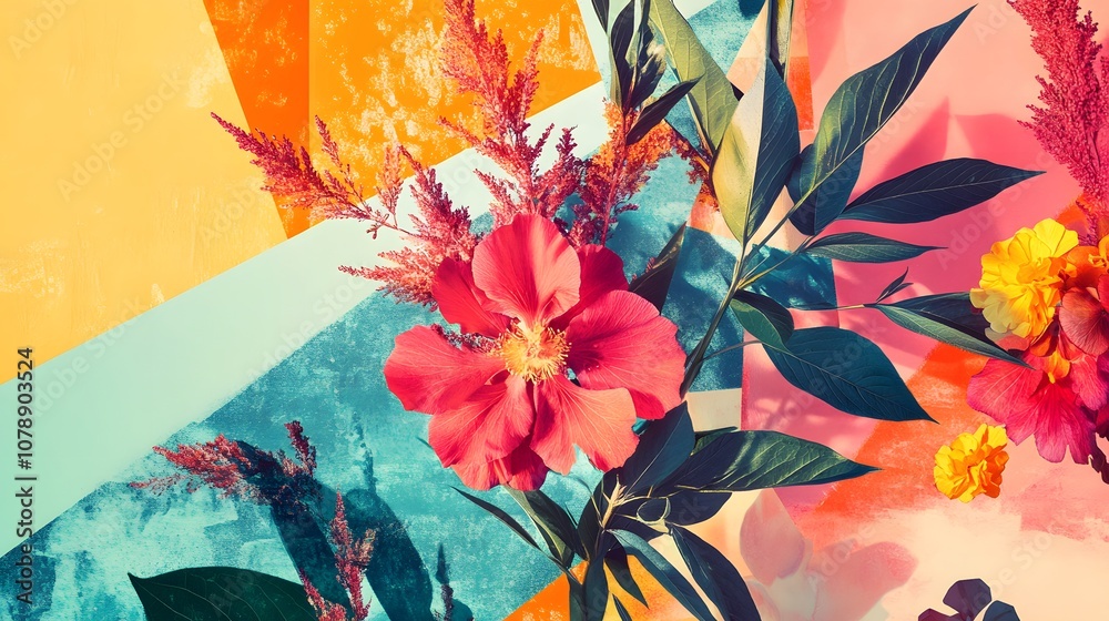 Poster a vibrant digital collage blending abstract geometric shapes with layered botanical illustrations, c