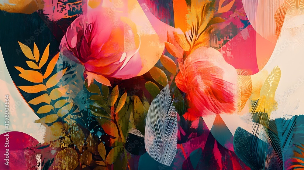 Poster a vibrant digital collage blending abstract geometric shapes with layered botanical illustrations, c