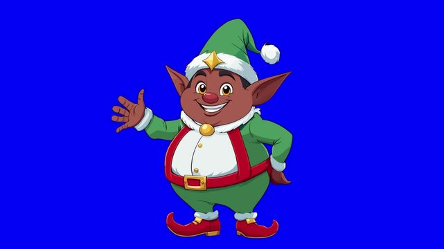 Animated character of a Santa Claus african Christmas elve who greets the viewer and waves his hand, on a green background chromakey, idea for christmas promotional video, mascot