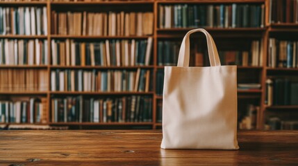 White Canvas Tote Bag Positioned on a Rustic Wooden Table in Front of a Bookshelf Filled with Thick Books in a Cozy Library Setting