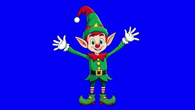 Animated character of a Santa Claus Christmas elve who greets the viewer and waves his hand, on a green background chromakey, idea for christmas promotional video, mascot