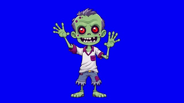 Animated character of a halloween zombie who greets the viewer and waves his hand, on a green background chromakey, idea for promotional video, mascot