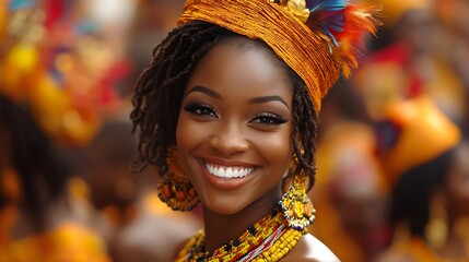 Fototapeta premium People dressed in Ghana national colors at a cultural festival, enjoying Independence Day events