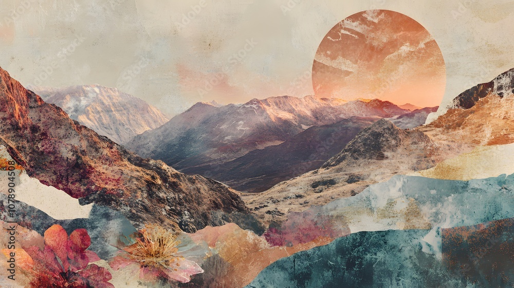 Poster A textured collage of abstract shapes and botanical elements layered over a photograph of a mountain range, creating a natural, graphic composition. Cinematic Scene, 4k resolution, cinematic scene