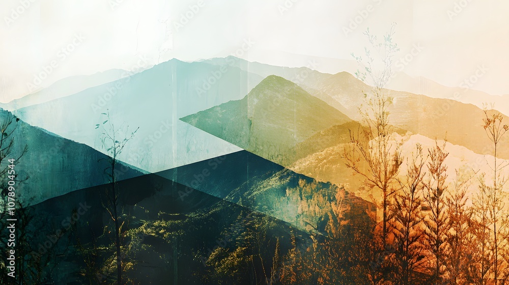 Poster A textured collage of abstract shapes and botanical elements layered over a photograph of a mountain range, creating a natural, graphic composition. Cinematic Scene, 4k resolution, cinematic scene