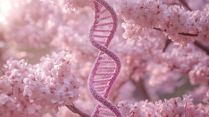 A pink DNA strand with a blurred background of pink blossoms.