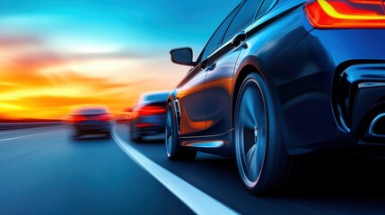 Obraz premium Futuristic Highway Scene with Neon Lights and Speeding Cars